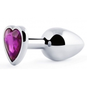 Серебристая анальная пробка с фиолетовым кристаллом-сердечком - 8 см. - Anal Jewelry Plug - купить с доставкой в Армавире