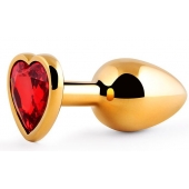 Золотистая анальная пробка с красным стразом-сердечком - 8 см. - Anal Jewelry Plug - купить с доставкой в Армавире