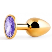Золотистая анальная пробка с фиолетовым стразом - 7,2 см. - Anal Jewelry Plug - купить с доставкой в Армавире