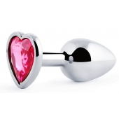 Серебристая анальная пробка с розовым кристаллом-сердечком - 7 см. - Anal Jewelry Plug - купить с доставкой в Армавире