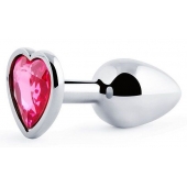 Серебристая анальная пробка с малиновым кристаллом-сердечком - 7 см. - Anal Jewelry Plug - купить с доставкой в Армавире