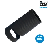 Черная открытая насадка на пенис с кольцом для мошонки XXL-size - 9,4 см. - Sex Expert - в Армавире купить с доставкой