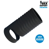 Черная открытая насадка на пенис с кольцом для мошонки XXXL-size - 9,9 см. - Sex Expert - в Армавире купить с доставкой