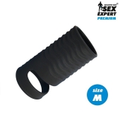 Черная открытая насадка на пенис с кольцом для мошонки size M - 7,9 см. - Sex Expert - в Армавире купить с доставкой
