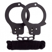 Чёрные наручники из листового металла в комплекте с веревкой BONDX METAL CUFFS LOVE ROPE SET - Dream Toys - купить с доставкой в Армавире