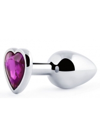 Серебристая анальная пробка с фиолетовым кристаллом-сердечком - 8 см. - Anal Jewelry Plug - купить с доставкой в Армавире