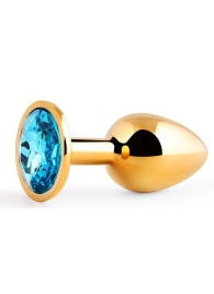 Золотистая анальная пробка с голубым стразом - 7,2 см. - Anal Jewelry Plug - купить с доставкой в Армавире