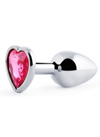 Серебристая анальная пробка с розовым кристаллом-сердечком - 7 см. - Anal Jewelry Plug - купить с доставкой в Армавире