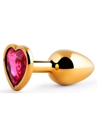 Золотистая анальная пробка с малиновым кристаллом-сердечком - 7 см. - Anal Jewelry Plug - купить с доставкой в Армавире