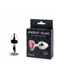 Серебристая анальная пробка с малиновым кристаллом-сердечком - 7 см. - Anal Jewelry Plug - купить с доставкой в Армавире