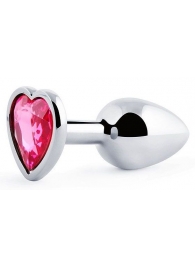 Серебристая анальная пробка с малиновым кристаллом-сердечком - 7 см. - Anal Jewelry Plug - купить с доставкой в Армавире