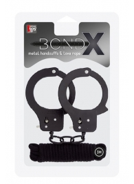 Чёрные наручники из листового металла в комплекте с веревкой BONDX METAL CUFFS LOVE ROPE SET - Dream Toys - купить с доставкой в Армавире