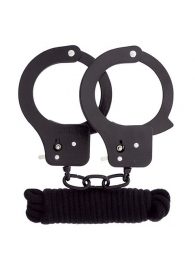 Чёрные наручники из листового металла в комплекте с веревкой BONDX METAL CUFFS LOVE ROPE SET - Dream Toys - купить с доставкой в Армавире