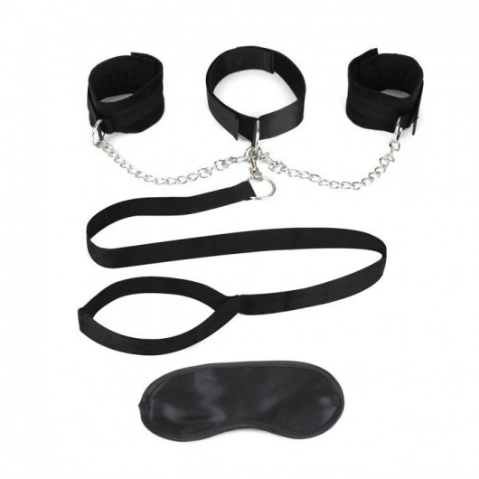 Чёрный ошейник с наручниками и поводком Collar Cuffs   Leash Set - Lux Fetish - купить с доставкой в Армавире