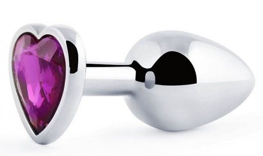 Серебристая анальная пробка с фиолетовым кристаллом-сердечком - 8 см. - Anal Jewelry Plug - купить с доставкой в Армавире