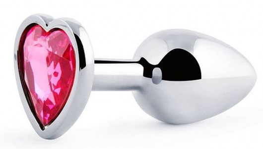 Серебристая анальная пробка с розовым кристаллом-сердечком - 7 см. - Anal Jewelry Plug - купить с доставкой в Армавире