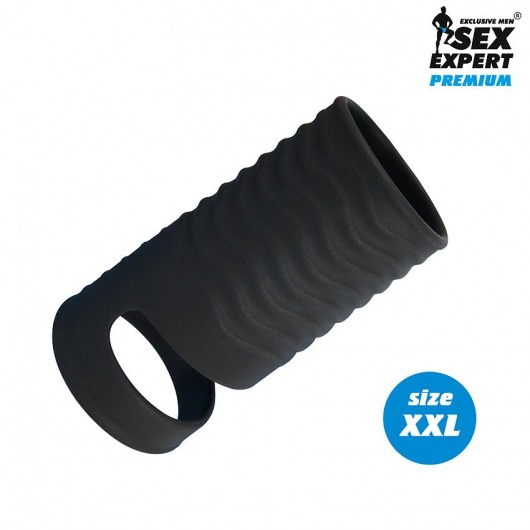 Черная открытая насадка на пенис с кольцом для мошонки XXL-size - 9,4 см. - Sex Expert - в Армавире купить с доставкой