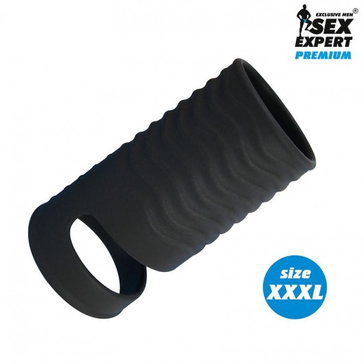 Черная открытая насадка на пенис с кольцом для мошонки XXXL-size - 9,9 см. - Sex Expert - в Армавире купить с доставкой
