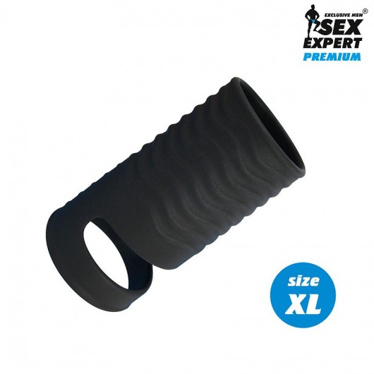 Черная открытая насадка на пенис с кольцом для мошонки XL-size - 8,9 см. - Sex Expert - в Армавире купить с доставкой